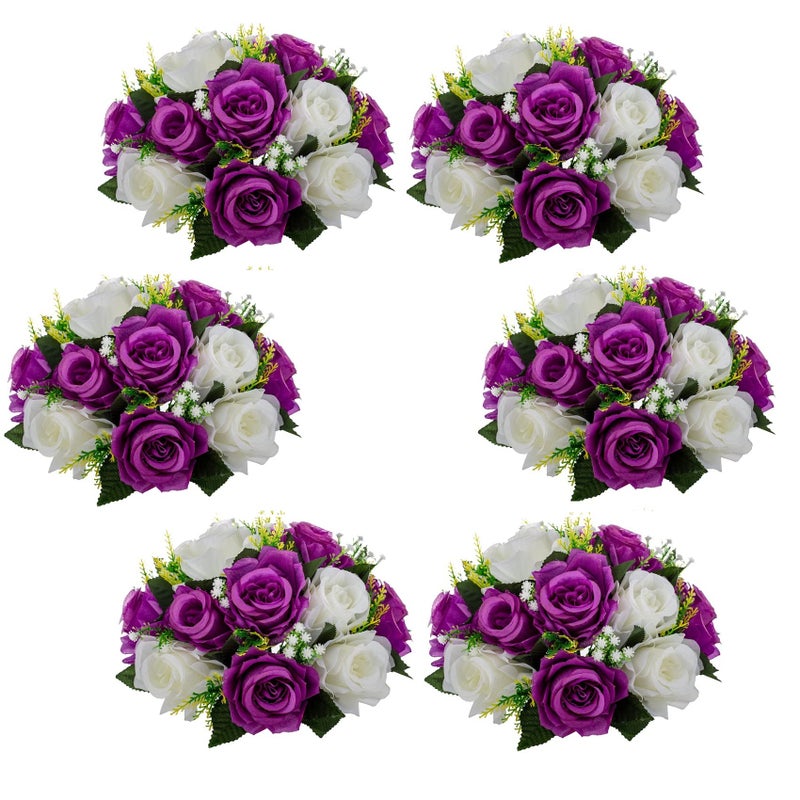 LANLONG 6 PCS Fake Flower Ball Arrangement Bouquet 15 Heads Plastic Roses with Base Artificial Flower for Wedding Bouquets Centerpieces Party Valentines Day Home Decor