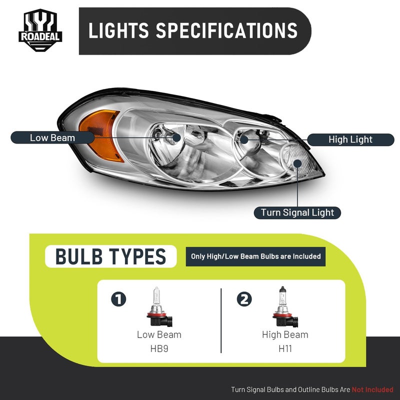 ROADEAL Headlights W/Bulbs for 2006-2013 Chevy Impala, 2006-2007 Chevy Monte Carlo, 2014-2016 Impala Limited Halogen Headlamp Replacement Driver & Passenger Side - Image 3