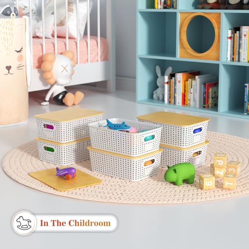 Ohmlove Plastic Storage Baskets With Bamboo Lid - Plastic Storage Containers Stackable Storage bins: Storage Baskets for Organizing Shelves Drawers Desktop Closet Playroom Classroom Office, 6 Pack - Image 5