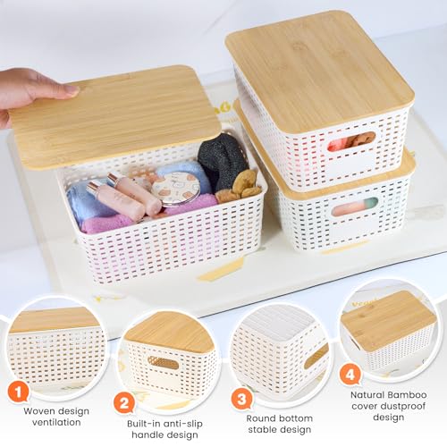 Ohmlove Plastic Storage Baskets With Bamboo Lid - Plastic Storage Containers Stackable Storage bins: Storage Baskets for Organizing Shelves Drawers Desktop Closet Playroom Classroom Office, 6 Pack - Image 3