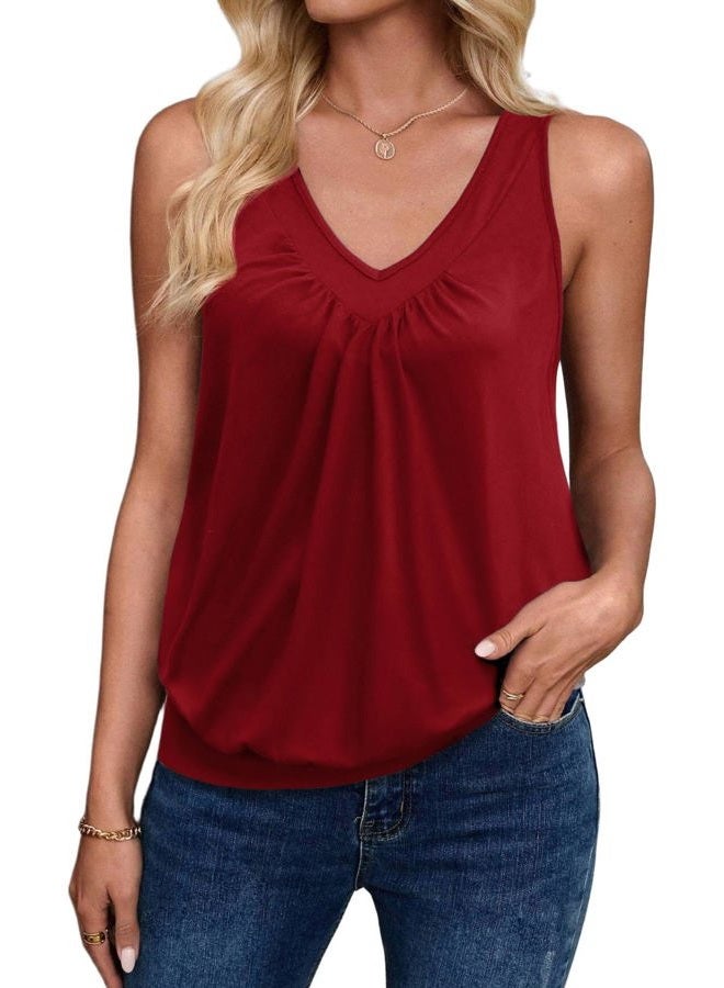zeagoo Womens Tank Tops Loose Fit V Neck Ruched Sleeveless Tops Casual Basic Banded Shirts S-XXL, Red, XL - Image 1