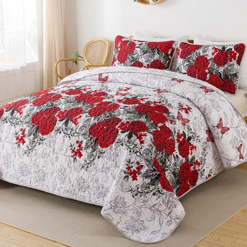 Yiran Red Floral Bedspreads Queen Size Rose Flowers Quilt Bedding Set 3 Pieces Lightweight Microfiber Botanical Coverlet with 2 Pillow Shams for All Season 96x90 Inch - Image 2