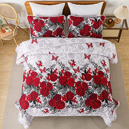 Yiran Red Floral Bedspreads Queen Size Rose Flowers Quilt Bedding Set 3 Pieces Lightweight Microfiber Botanical Coverlet with 2 Pillow Shams for All Season 96x90 Inch - Image 3