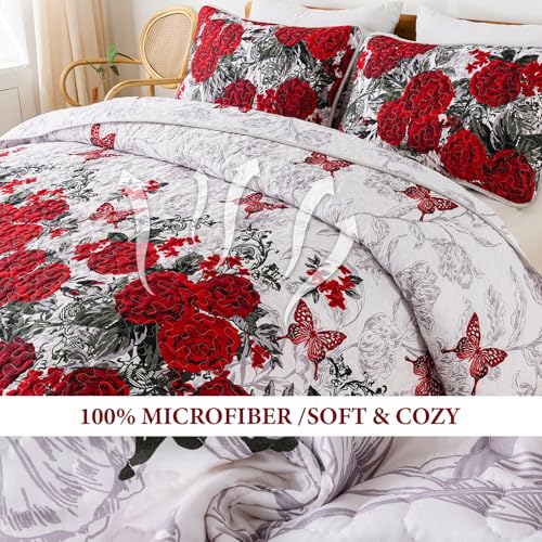Yiran Red Floral Bedspreads Queen Size Rose Flowers Quilt Bedding Set 3 Pieces Lightweight Microfiber Botanical Coverlet with 2 Pillow Shams for All Season 96x90 Inch - Image 4