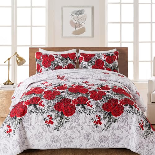 Yiran Red Floral Bedspreads Queen Size Rose Flowers Quilt Bedding Set 3 Pieces Lightweight Microfiber Botanical Coverlet with 2 Pillow Shams for All Season 96x90 Inch - Image 1
