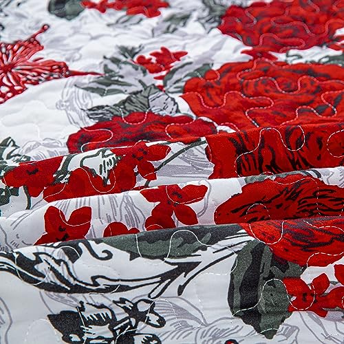 Yiran Red Floral Bedspreads Queen Size Rose Flowers Quilt Bedding Set 3 Pieces Lightweight Microfiber Botanical Coverlet with 2 Pillow Shams for All Season 96x90 Inch - Image 5