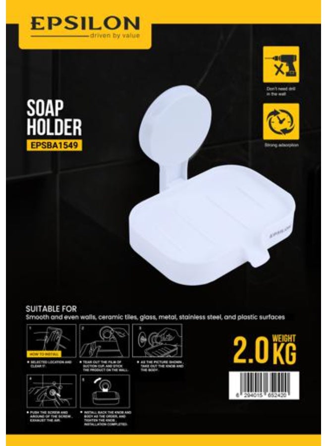 Epsilon Soap Holder EPSBA1549 | Wall Mounted Suction Soap Dish with Drain Holes | No-Drill Soap Tray with Strong Suction Design | 2kg Load Capacity | Bathroom & Kitchen Soap Organizer for Tile, Glass, Metal & Plastic Surfaces | White - Image 3