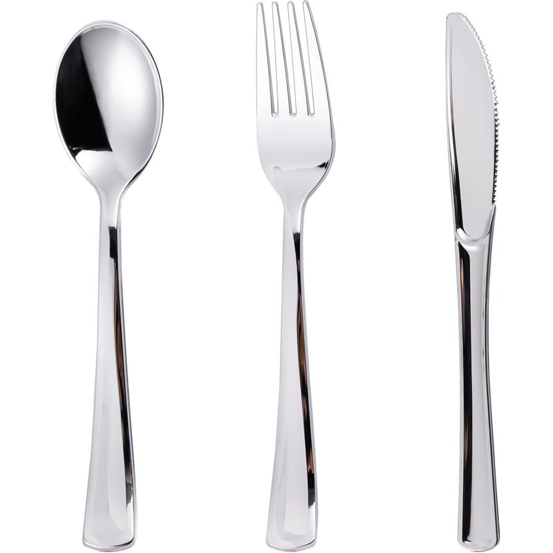N9R 120PCS Silver Plastic Silverware Silver Plastic Cutlery Set Disposable Flatware Dinnerware 60 Forks 30 Spoons 30 Knives for Wedding Party Birthday and Daily Use