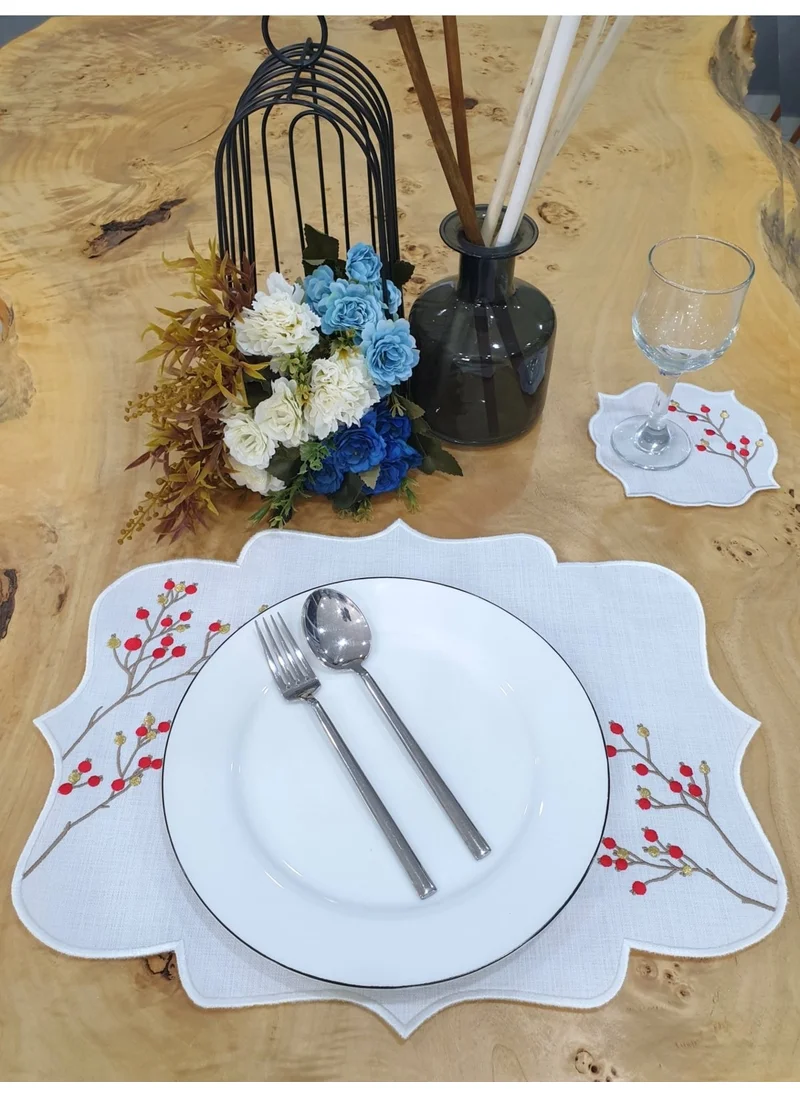 Tanem Home Red Floral Pattern Imported Linen Embroidered Placemat Set Plate and Coasters