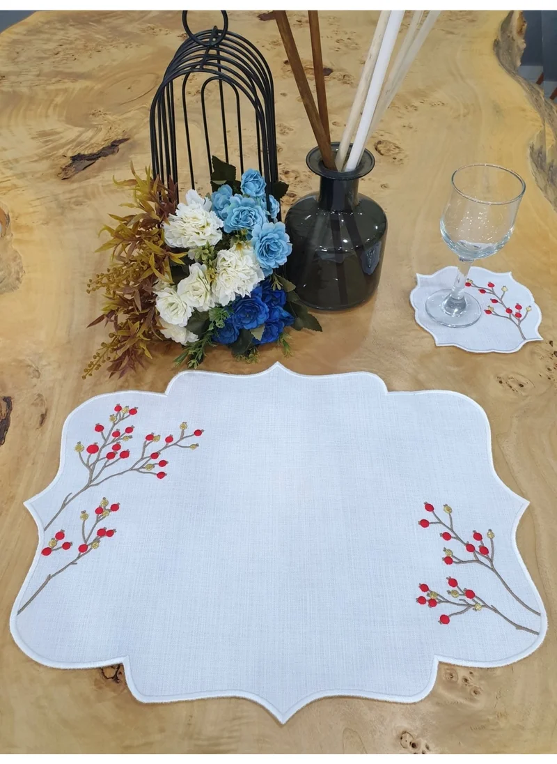 Tanem Home Red Floral Pattern Imported Linen Embroidered Placemat Set Plate and Coasters