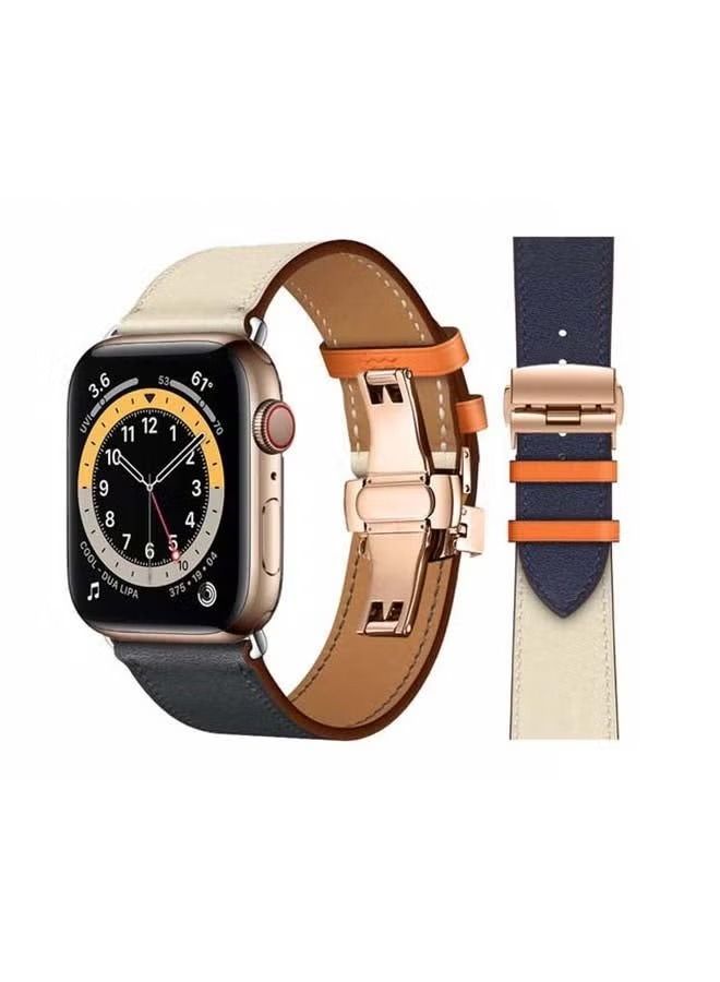 إيف سوار بديل من الجلد الطبيعي مع مشبك ذهبي لساعة Apple Watch Series 6 / SE / 5/4/3/2/1 44 / 42mm أزرق / بيج
