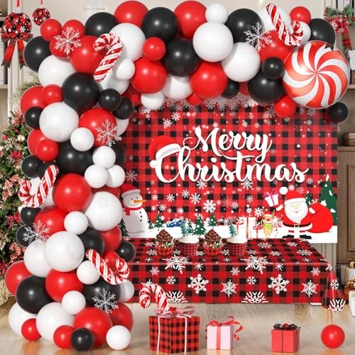 Janinus Plaid Christmas Balloons Garland Arch Kit with Merry Christmas Backdrop Snowflake Tablecloth Red White Balck Balloons Xmas Decor Cane Foil Balloon for Christma Baby Shower Birthday Party - Image 1