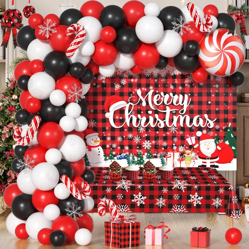 Janinus Plaid Christmas Balloons Garland Arch Kit with Merry Christmas Backdrop Snowflake Tablecloth Red White Balck Balloons Xmas Decor Cane Foil Balloon for Christma Baby Shower Birthday Party - Image 3