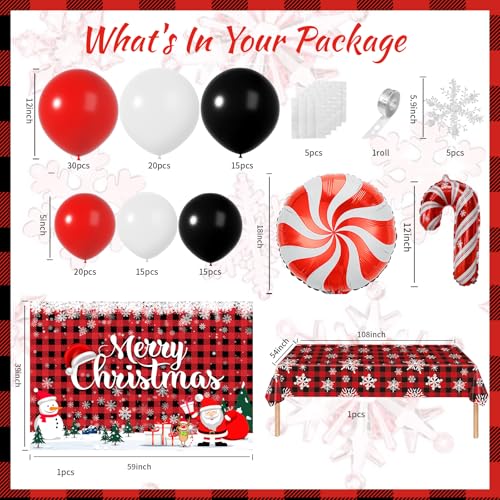 Janinus Plaid Christmas Balloons Garland Arch Kit with Merry Christmas Backdrop Snowflake Tablecloth Red White Balck Balloons Xmas Decor Cane Foil Balloon for Christma Baby Shower Birthday Party - Image 5