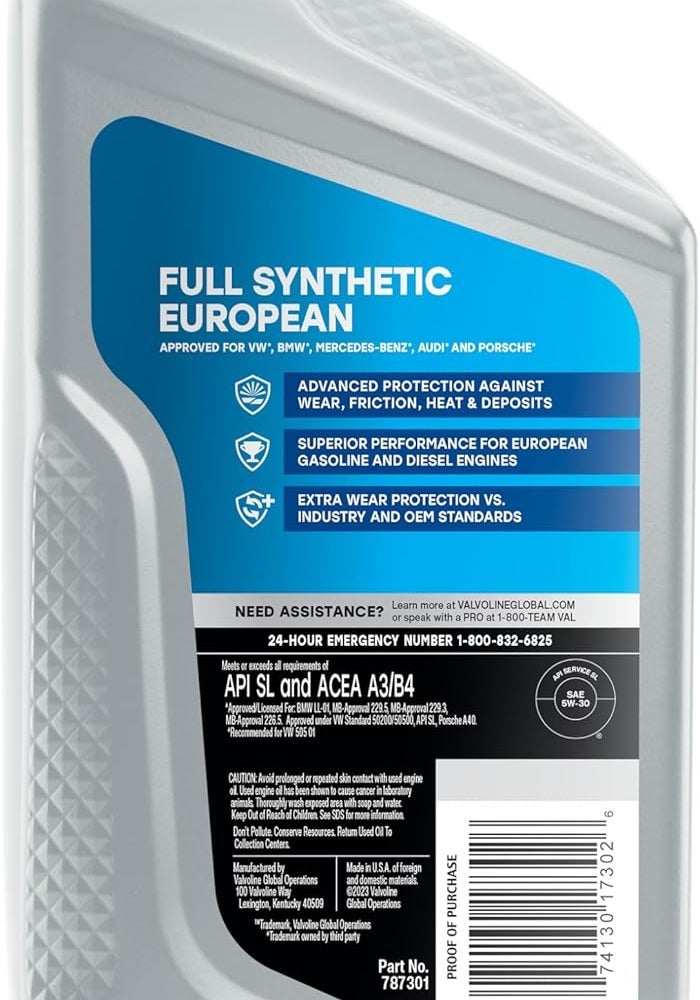 Valvoline زيت محرك فالفولين للسيارات الأوروبية بالكامل صناعي SAE 5W30 1 QT علبة من 6 - Image 3