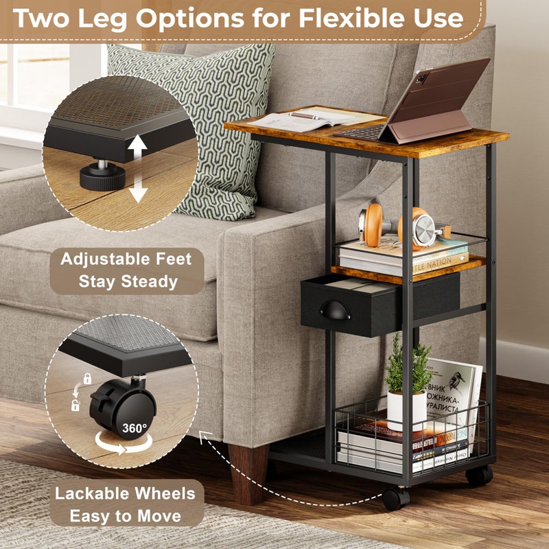 Sonyabecca C Shaped Sofa Side Table with Wheels, Rolling Small Coffee Table with Drawer, Portable TV Tray Table for Couch, Bedside Table with Storage, Narrow Nightstand for Bedroom, End Tables Living Room - Image 4