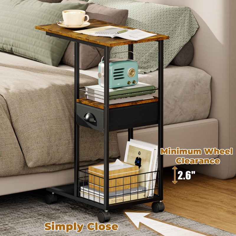 Sonyabecca C Shaped Sofa Side Table with Wheels, Rolling Small Coffee Table with Drawer, Portable TV Tray Table for Couch, Bedside Table with Storage, Narrow Nightstand for Bedroom, End Tables Living Room - Image 5