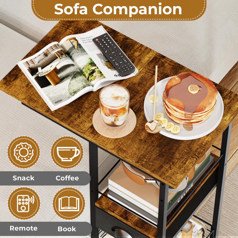 Sonyabecca C Shaped Sofa Side Table with Wheels, Rolling Small Coffee Table with Drawer, Portable TV Tray Table for Couch, Bedside Table with Storage, Narrow Nightstand for Bedroom, End Tables Living Room - Image 2