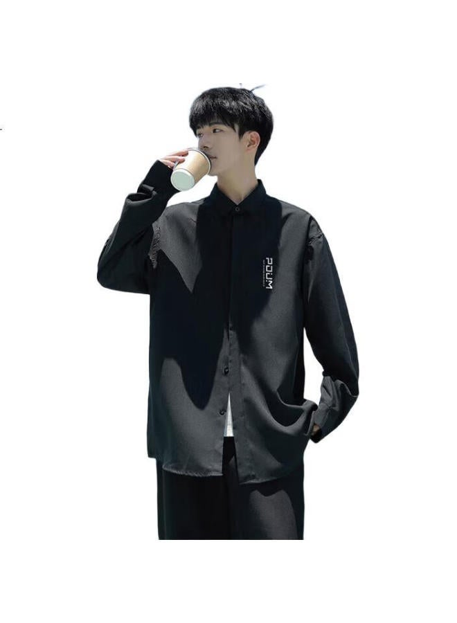 Poum Style High-End Long Sleeve Shirt Men'S Spring And Autumn Casual Loose Shirt Jacket Kj02 Black 3Xl - Image 1