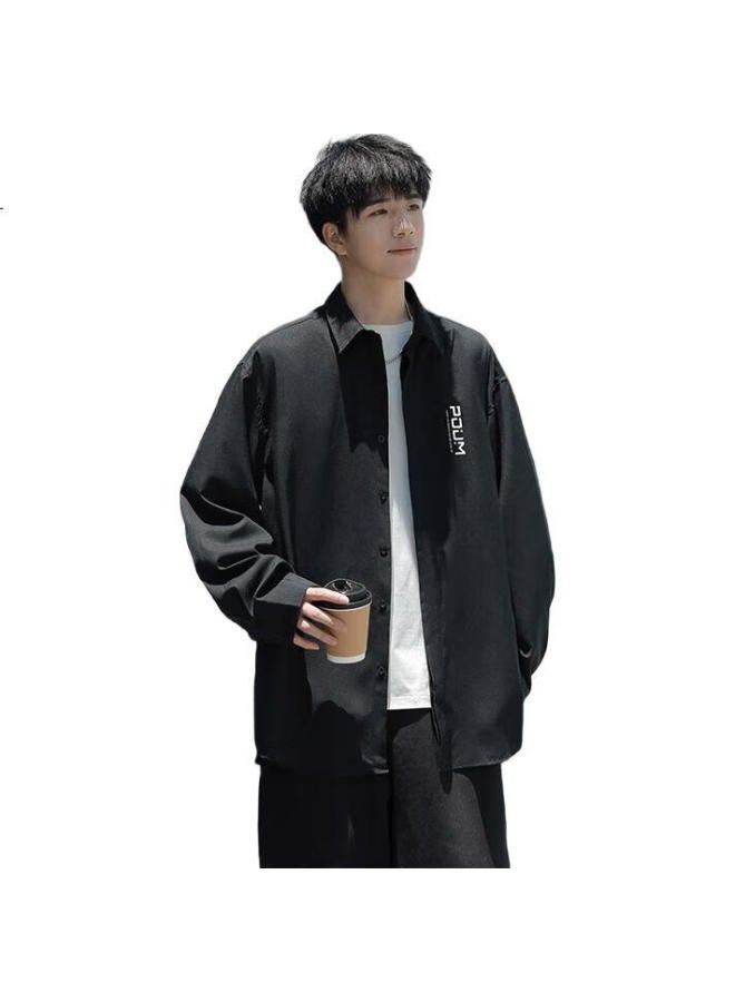 Poum Style High-End Long Sleeve Shirt Men'S Spring And Autumn Casual Loose Shirt Jacket Kj02 Black 3Xl - Image 2