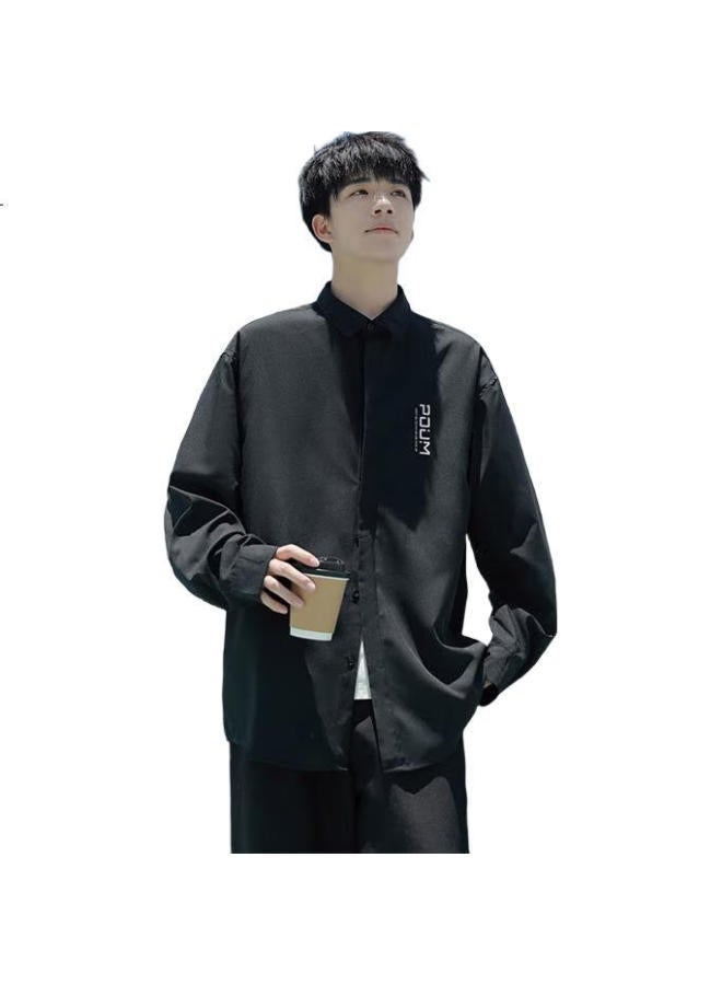 Poum Style High-End Long Sleeve Shirt Men'S Spring And Autumn Casual Loose Shirt Jacket Kj02 Black 3Xl - Image 3