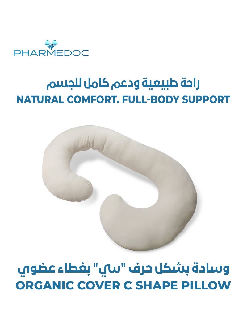 PharMeDoc C-Shape Organic Cotton Maternity Pillow | Full Body Support for Back Neck Belly Legs | Removable Washable Cover | 70% Recycled Filling | 135x70x18 CM | Soft & Breathable