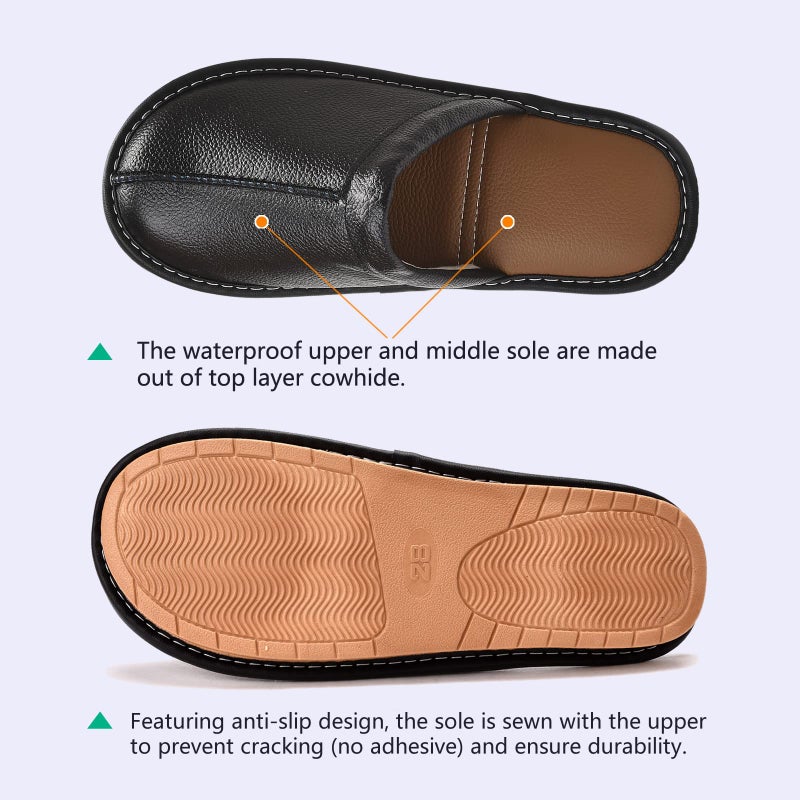 JOOFAN Menâ€™s Genuine Cowhide Leather Slippers, Breathable Leather Soft Smooth Sole Bedroom Flat Shoes House Slippers Indoor Outdoor (Black, 11-12, Adult, Men, 11, Numeric, US Footwear Size System, Medium) - Image 5