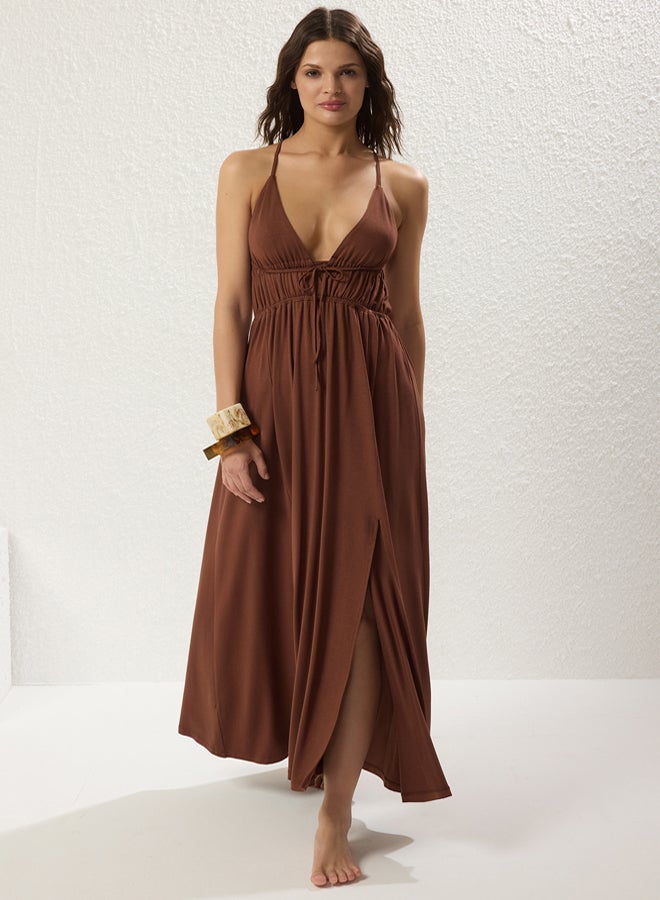trendyol Brown Maxi Woven Cut Out/Window Beach Dress  - Image 4
