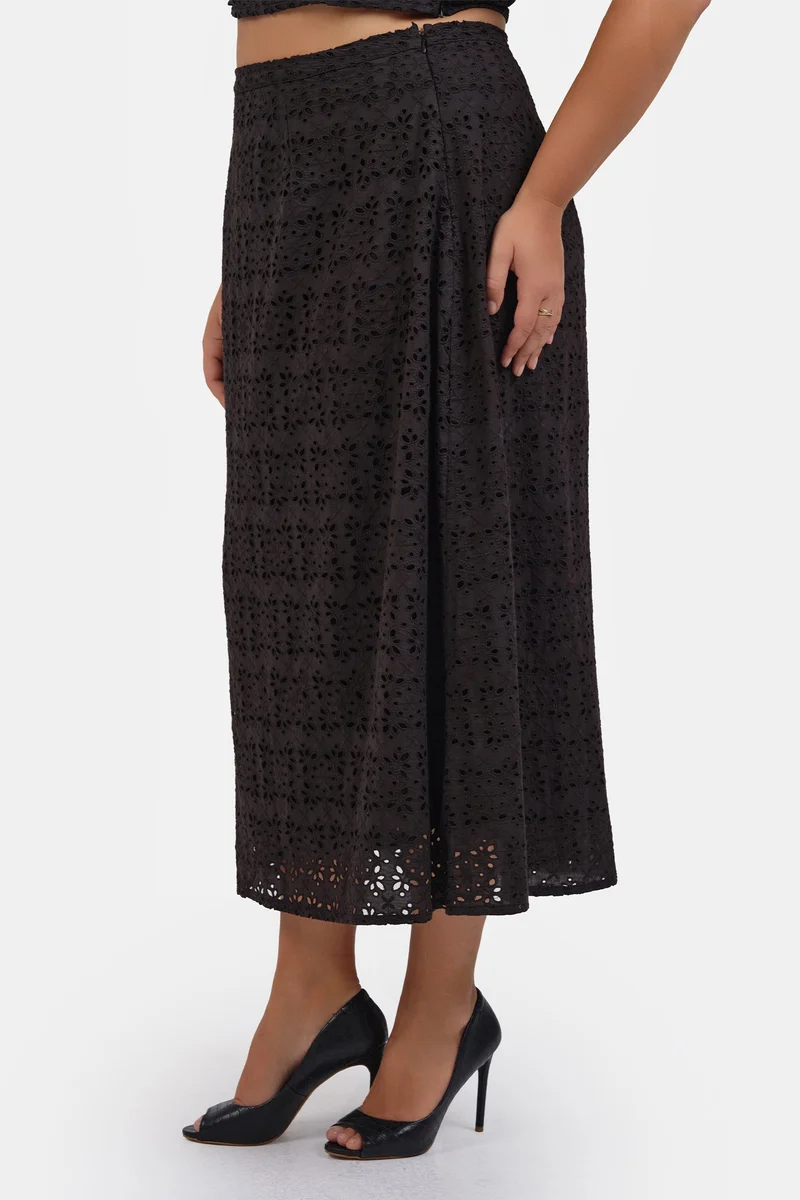 Virgio Black Embroidered Cotton Schiffli Midi Plus Size Skirt for Women for Women | Best Price UAE