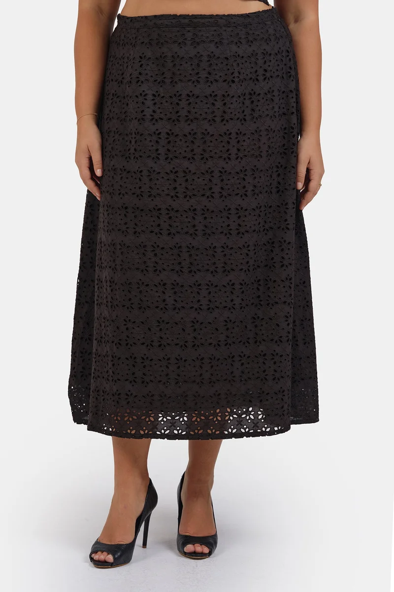 Virgio Embroidered Cotton Schiffli Midi Plus Size Skirt for Women