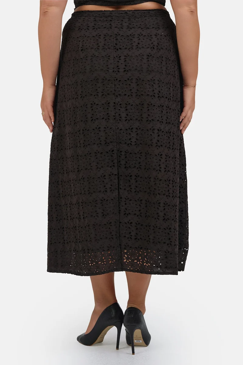 Virgio Black Embroidered Cotton Schiffli Midi Plus Size Skirt for Women for Women | Best Price UAE