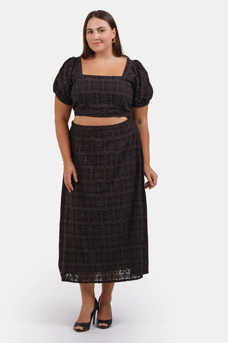 Virgio Embroidered Cotton Schiffli Midi Plus Size Skirt for Women