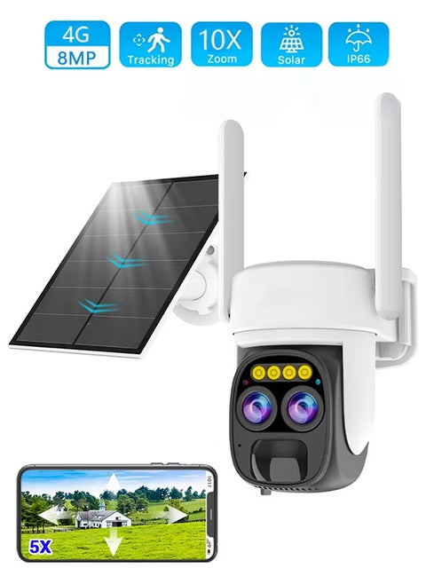 8MP Solar Camera Dual Lens 10X PTZ Zoom Outdoor WiFi Security Camera 4K Solar Security Protection Two Way Talk Night Vision Cam (Included 128G CARD)