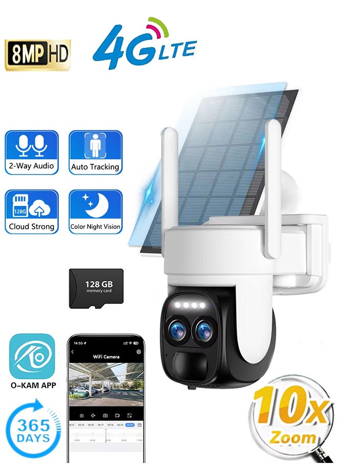 Generic - 8MP Solar Camera Dual Lens 10X PTZ Zoom Outdoor WiFi Security Camera 4K Solar Security Protection Two Way Talk Night Vision Cam (Included 128G CARD) - Image 1