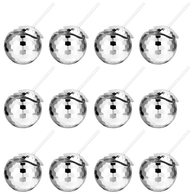 12 PCS DISCO BALL CUPS20 OZ TUMBLER DISCO FLASH BALL CUPSREUSABLE SPHERICAL COCKTAIL CUPS WITH LID AND STRAWSILVER DISCO WINE CUPS FOR NIGHTCLUB DISCO BAR PARTY DECOR12 PCS