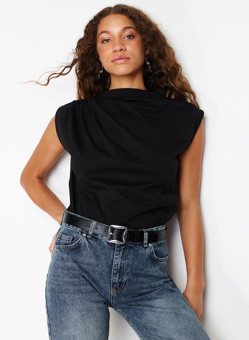 trendyol Black Boat Neck Zero Sleeve Gathered Knitted T-Shirt - Image 2
