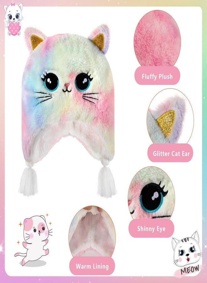 Hifot Girls Hat and Gloves Set, Winter Hats and Gloves for Kids, Fluffy Earflap Cat Beanie with Winter Mitten for Kids - Image 2