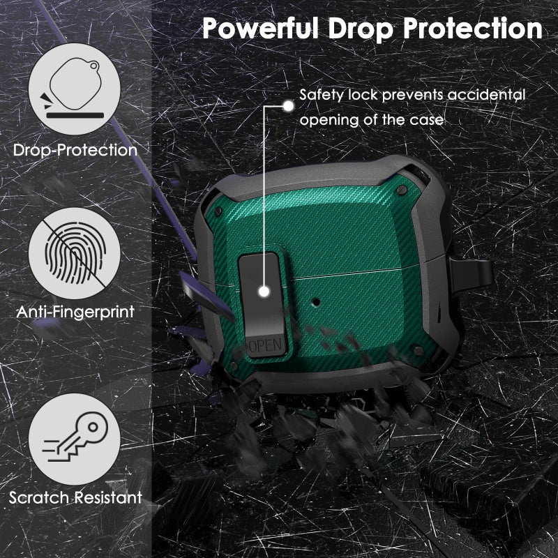 AIRSPO Compatible with Samsung Galaxy Buds 3 Case & Pro Case, Hard Case with Lock, Carbon Fiber, Green - Image 3