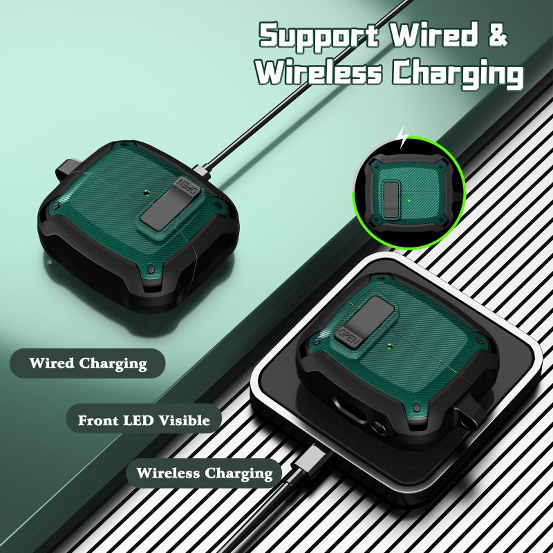 AIRSPO Compatible with Samsung Galaxy Buds 3 Case & Pro Case, Hard Case with Lock, Carbon Fiber, Green - Image 4