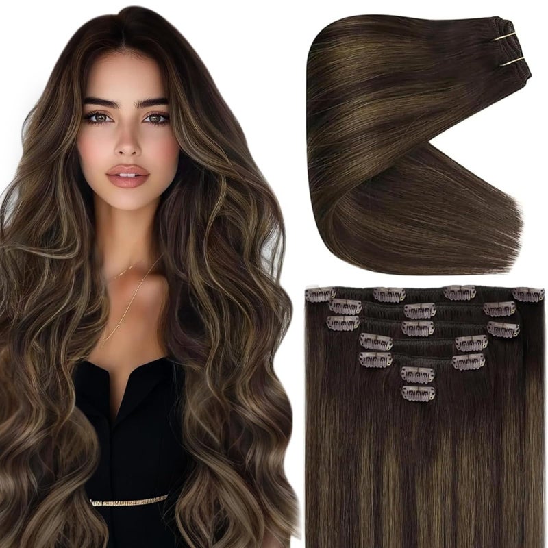 Ve Sunny Human Hair Clip in Extensions 22Inch Long Clip in Hair Extensions Real Human Hair Balayage Dark Brown Hair Extensions Clip ins for Women Easy Apply 120g