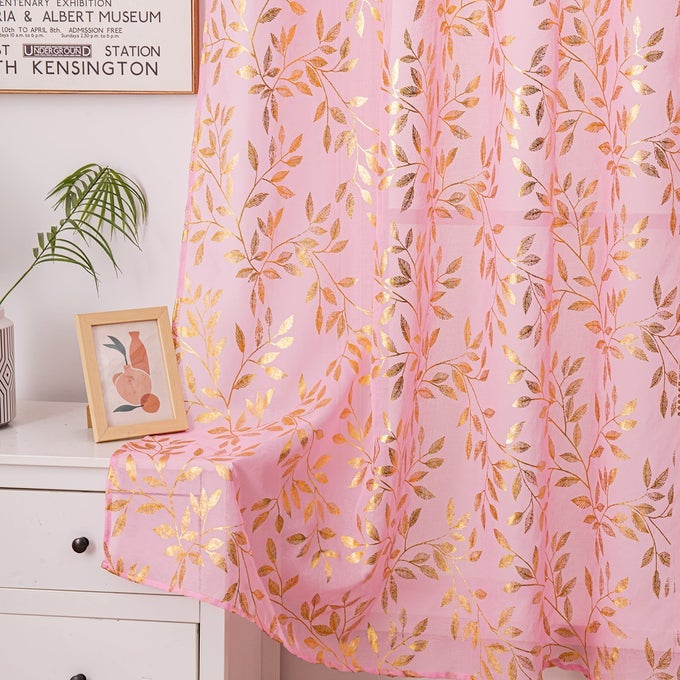 PINK SHEER CURTAINS 84 INCHES LONG 2 PANELS SET GOLD FOIL PRINT METALLIC BRONZING LEAVES PRIVACY VOILE WINDOW TREATMENT DECOR DRAPE PAIR FOR GIRLS BEDROOM KID NURSERY ROOM 52 W X 84 L