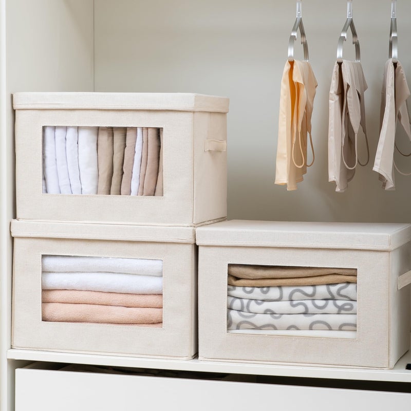 Anywish Citylife 4-Pack Storage Bins with Lids, Fabric Foldable Storage Bins with Soft Cord Handles, Cube Closet Storage Baskets with Lids, Organizers for Organizing Clothes and Books, Beige - Image 2