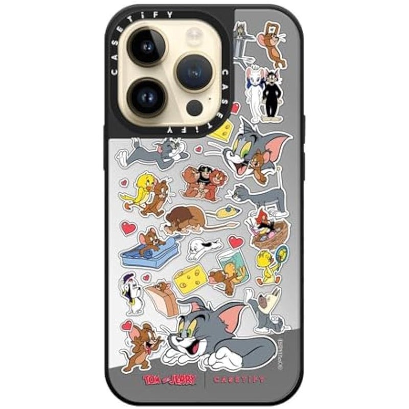 Casetify Mirror Case for iPhone 14 Pro 【Tom and Jerry Colab/Reflective / 4.9ft Drop Protection/Compatible with Magsafe】 - Family Sticker - Silver on Black - Image 3