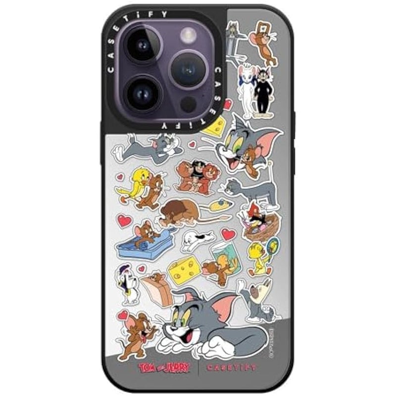 Casetify Mirror Case for iPhone 14 Pro 【Tom and Jerry Colab/Reflective / 4.9ft Drop Protection/Compatible with Magsafe】 - Family Sticker - Silver on Black - Image 1