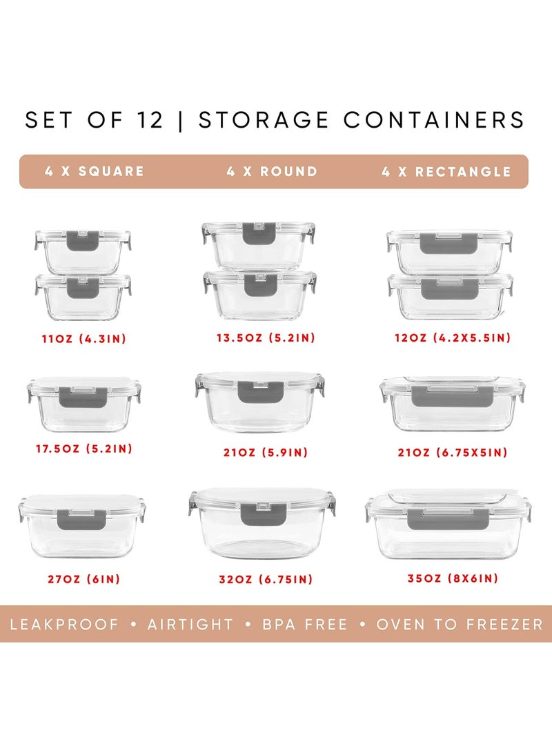 DESINO 12-Piece Borosilicate Glass Storage Containers with Lids – 12 Airtight, Freezer-Safe Food Storage Containers for Pantry & Kitchen – Glass Meal Prep Containers for Lunch and Leftovers - Image 2