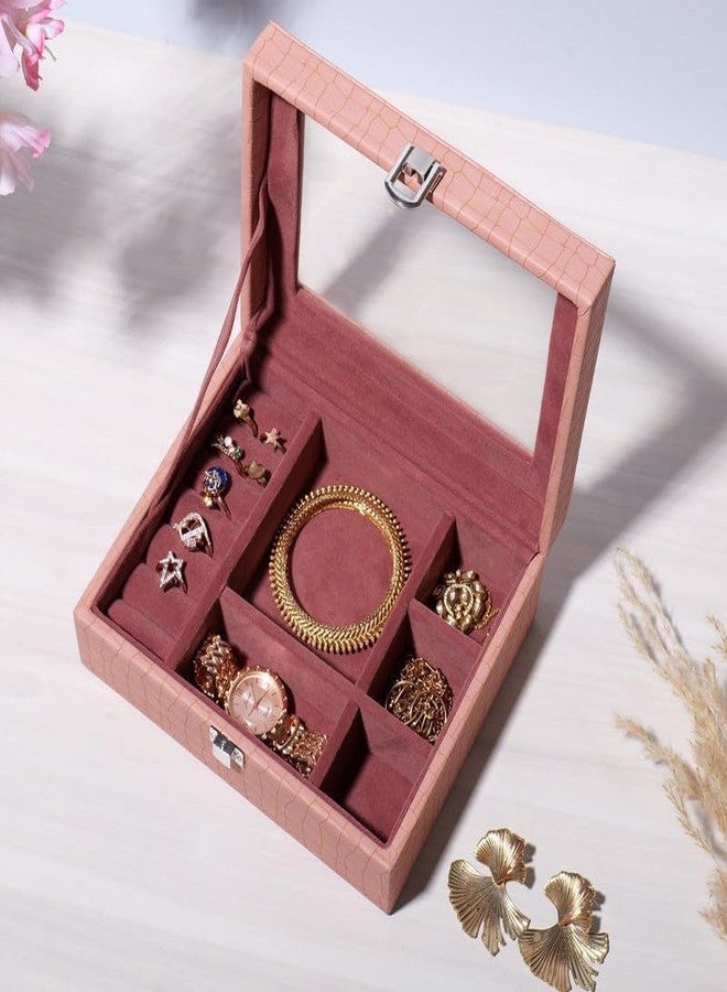 La Trove Wooden Jewellery Organizer Box for Women, Velvet Lined Decorative Storage Case, Aura Design, Pink - Image 1