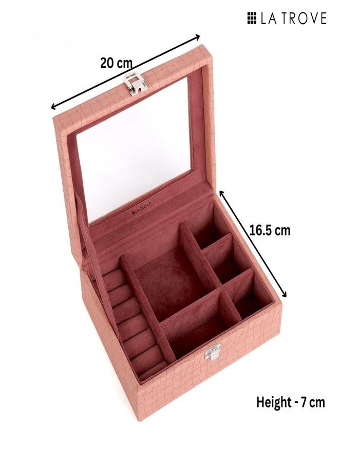 La Trove Wooden Jewellery Organizer Box for Women, Velvet Lined Decorative Storage Case, Aura Design, Pink - Image 3