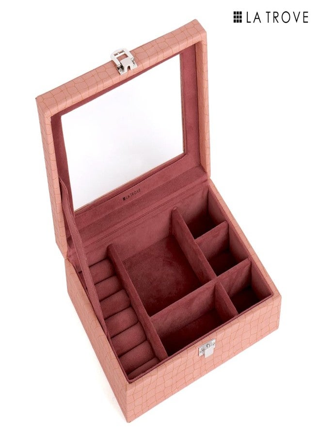 La Trove Wooden Jewellery Organizer Box for Women, Velvet Lined Decorative Storage Case, Aura Design, Pink - Image 4