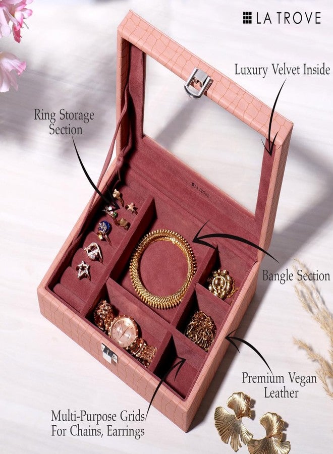 La Trove Wooden Jewellery Organizer Box for Women, Velvet Lined Decorative Storage Case, Aura Design, Pink - Image 2