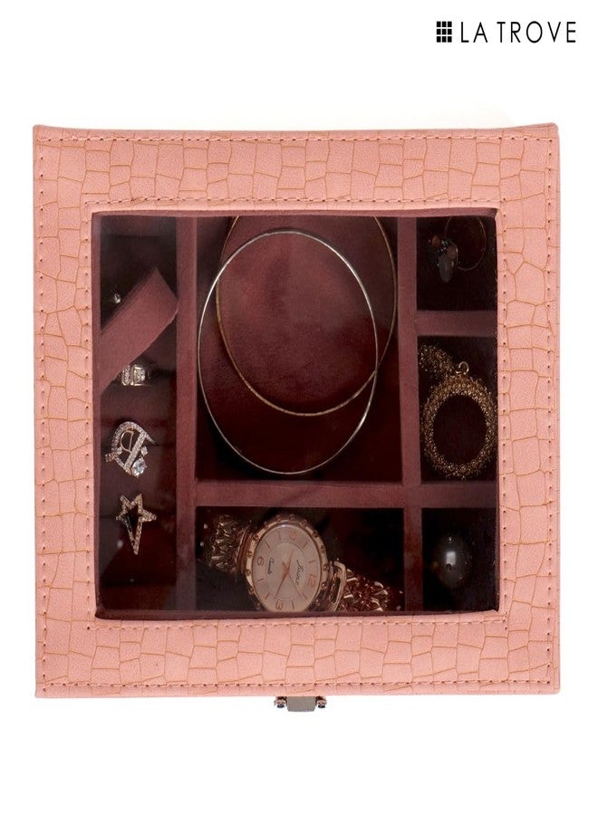 La Trove Wooden Jewellery Organizer Box for Women, Velvet Lined Decorative Storage Case, Aura Design, Pink - Image 5